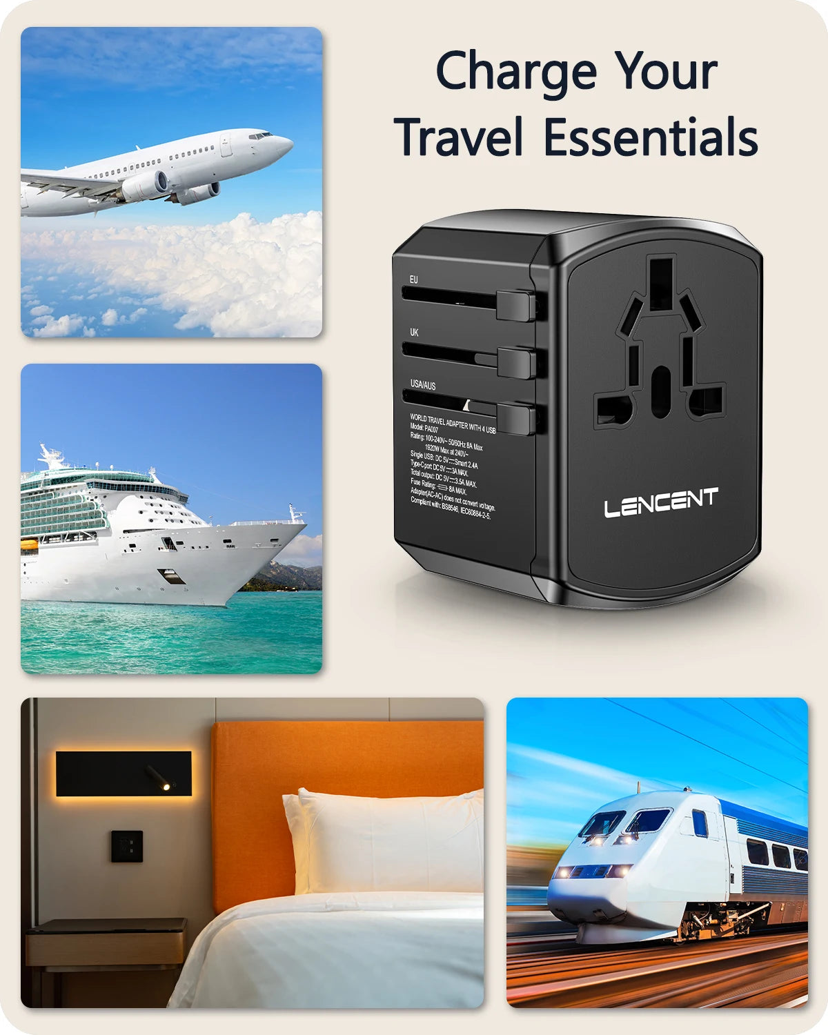 LENCENT Universal Travel Adapter All-in-one Travel Charger with 3 USB Ports and 1 Type C Wall Charger for US EU UK AUS Travel