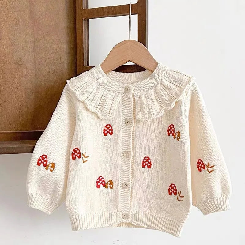 Baby Girl Knit Cardigan  0-3Y | Autumn Winter Cotton Sweater with Embroidered Mushrooms | Toddler and Kids Girls' Coat