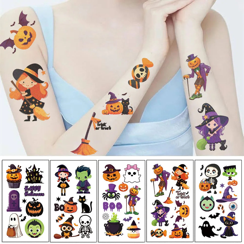 10 Sheets Halloween Pumpkins Tattoo Sticker Temporary Fake Tattoo Arm Hands Body Waterdichte Tatouages Pour Kids Toy Gift