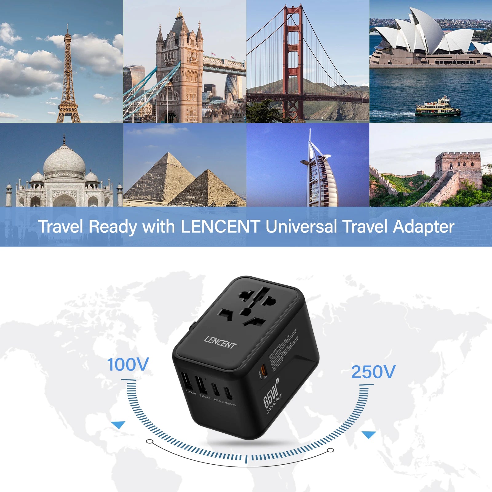 LENCENT 65W/100W GaN 国际旅行适配器，带 2USB 3 型 C GaN 快速充电适配器，带欧盟澳大利亚美国英国插头，适合旅行