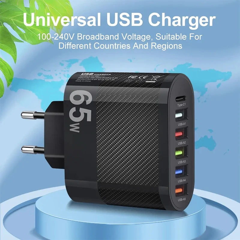 3.1A 5Ports USB Fast Charger PD Type C Charging Adapter For Xiaomi iPhone Samsung Mobile Phone Plug Charging QC 3.0 Wall Charger