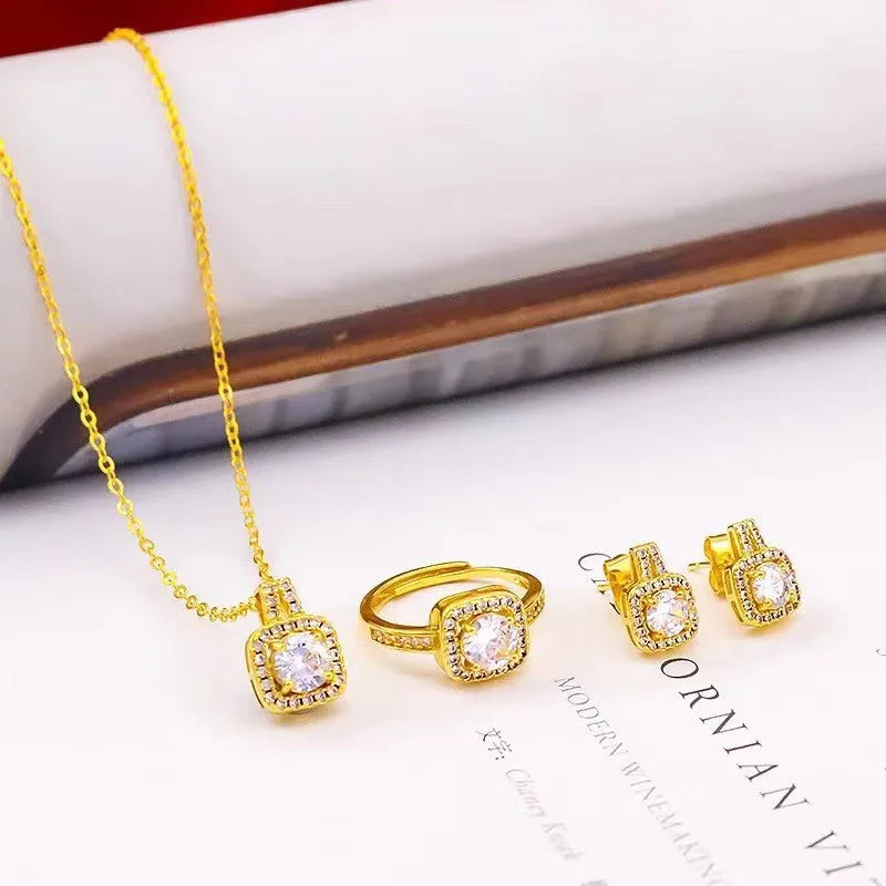 Fashion Square Zircon Necklace Earrings Ring Set For Women Luxury Wedding Engagement Jewelry Set Shining Party Jewelry Gifts