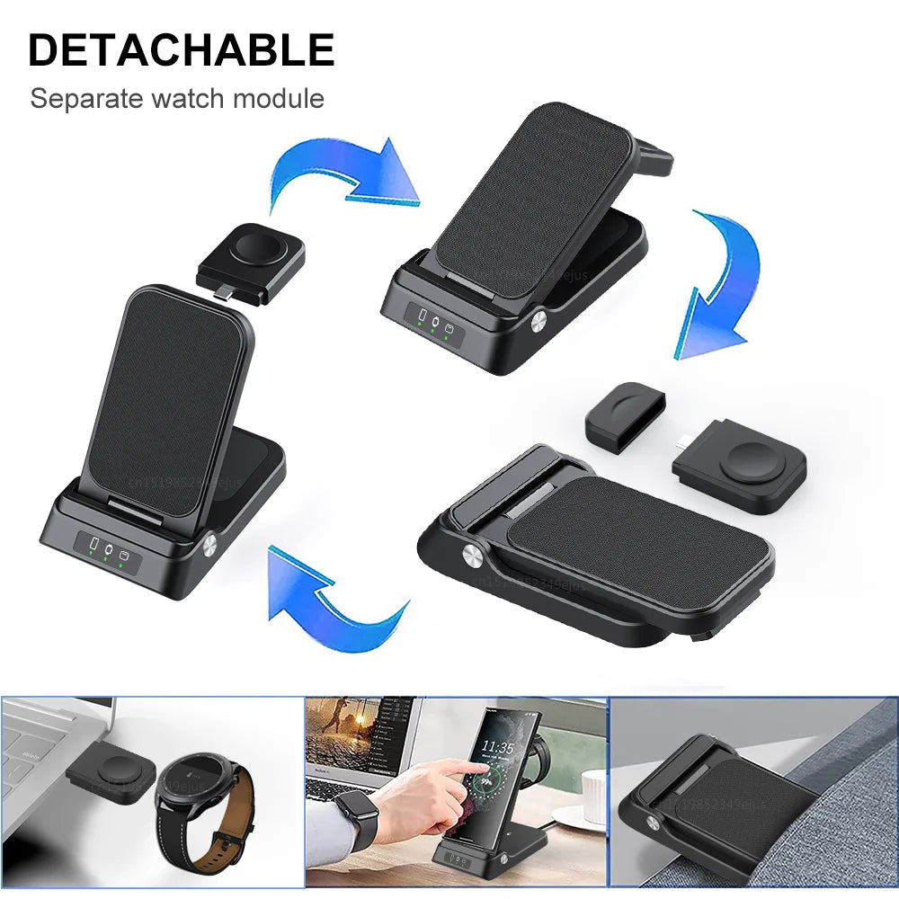 Foldable Wireless Charger Stand, Fast Charging Dock Station for iPhone 15 14 13 12 Samsung S23 S22 S21 Galaxy Watch