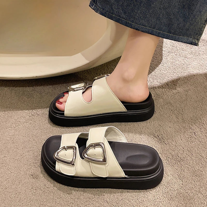 Slides Rubber Black Women's Slippers and Ladies Sandals Round Toe Height Summer 2024 with Heel Shoes Unique Luxury Normal Casual