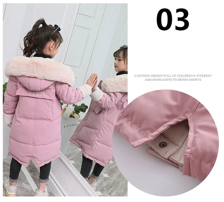 New Girls clothing Winter Warm down Cotton Jackets Children parka faux Fur Collar Coat Girl Thicken overalls Hooded kids Clothes