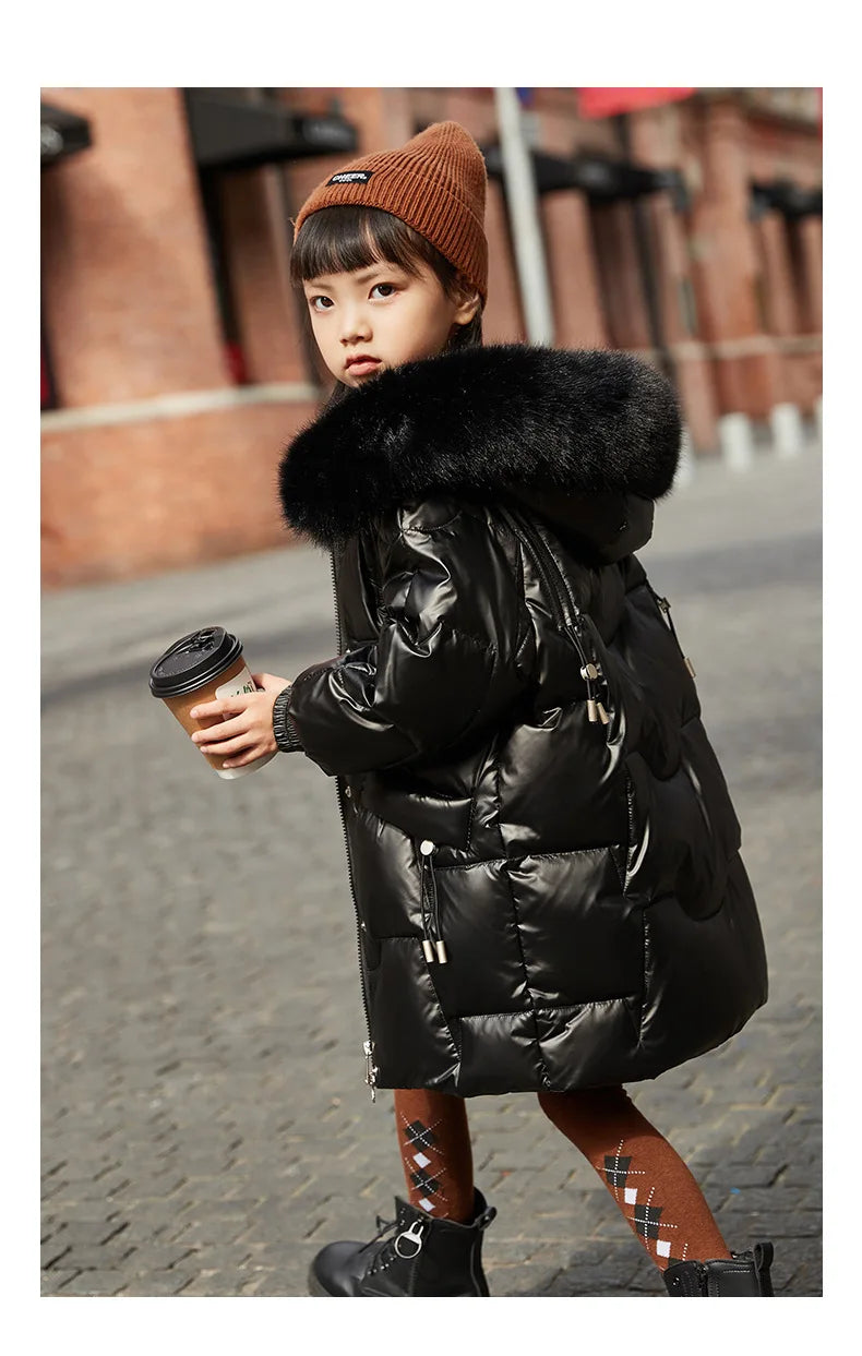 2024 Girl Winter Down Jacket Faux Fur Waterproof Hooded Long Girl Winter Outerwear Coat 5-16 Years Teenage Girl Parka Snowwear