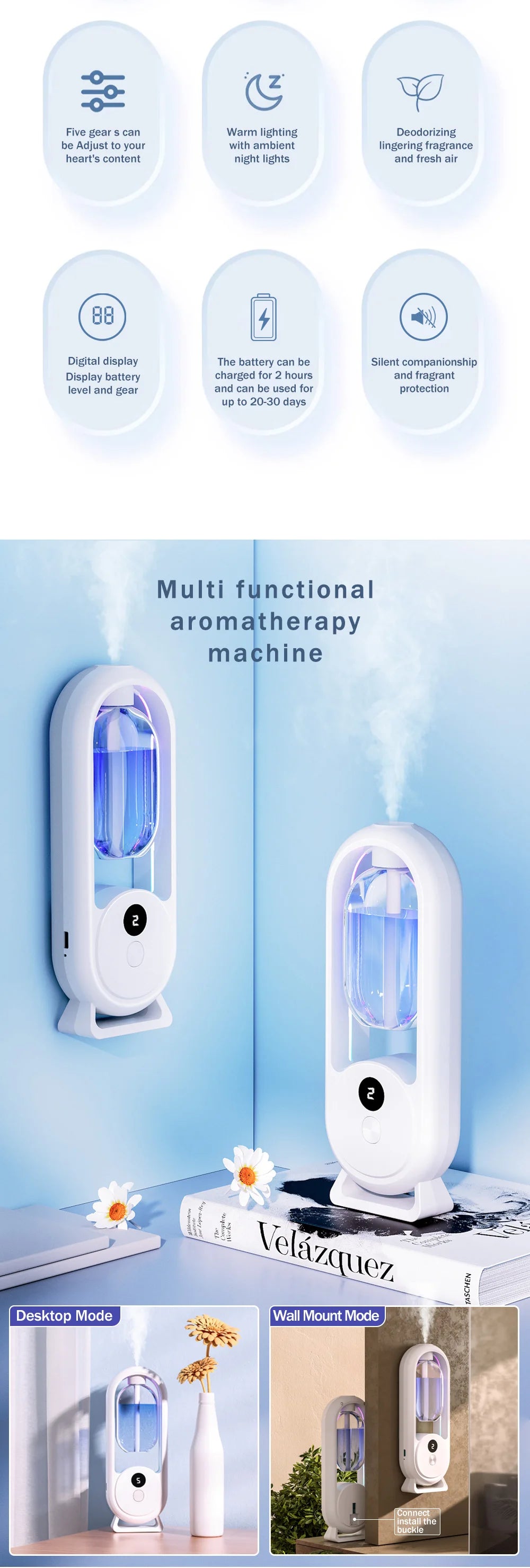 Rechargeable 5-mode aromatic diffuser essential oil aromatherapy machine timed air freshener bedroom living room bathroom