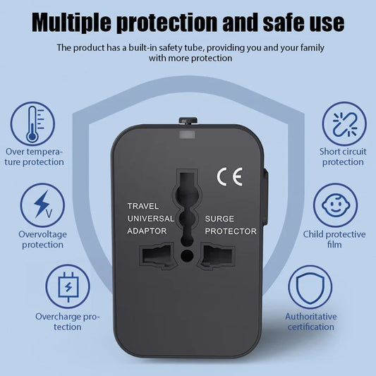 محول سفر عالمي، محول شاحن تيار متردد، مقبس محول، موصل بمنفذ USB مزدوج، المملكة المتحدة، الولايات المتحدة، أستراليا، الاتحاد الأوروبي