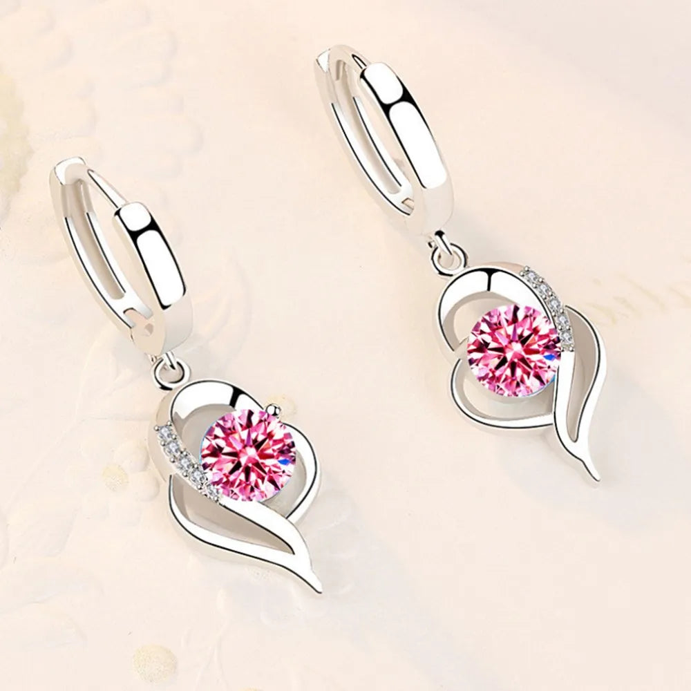 Bulbusbow 925 Sterling Silver Heart Drop Earrings with Blue, Pink, White & Purple Crystal Zircon and Sapphire