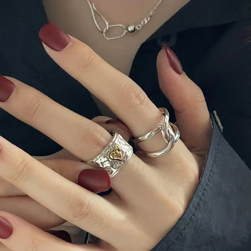 925 Sterling Silver Geometric Irregular Heart Cross Rings for Women Bohemian Retro Adjustable Antique Personality Ring