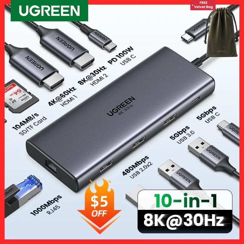 UGREEN 双 HDMI USB HUB 8K HDMI 适配器 10 合 1 分配器带 RJ45 USB 3.0 PD 100W 底座适用于 MacBook Pro Air M2 M1 USB C HUB