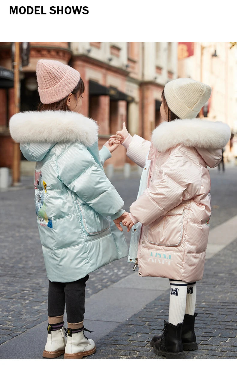 RAISE Korean Winter Kid Girl Down Jacket Colorful Bear Print Waterproof Thicken Baby Girl Outerwear 5-14 Year Junior Girl Parkas