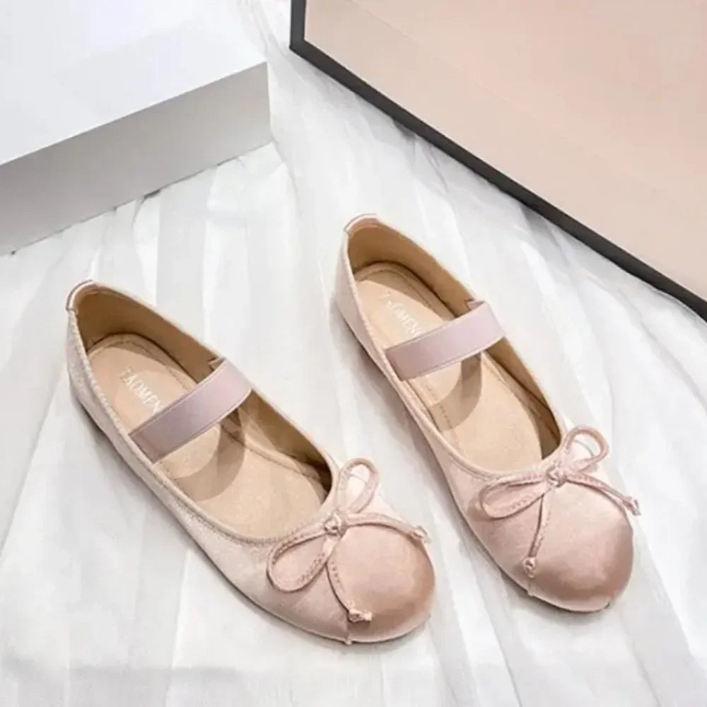 Ballet Flats Women Shoes 44 Mary Jane Shoes Round Toe Women's Shoe Bow Silk Satin Flats Women Shoes Plus Size 33-44 Valentine