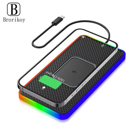 Car Wireless Charger 15W Fast Charging Pad Anti-skid Mat Holder with LED Atmosphere Light for iPhone 13 14 Samsung S22 S21