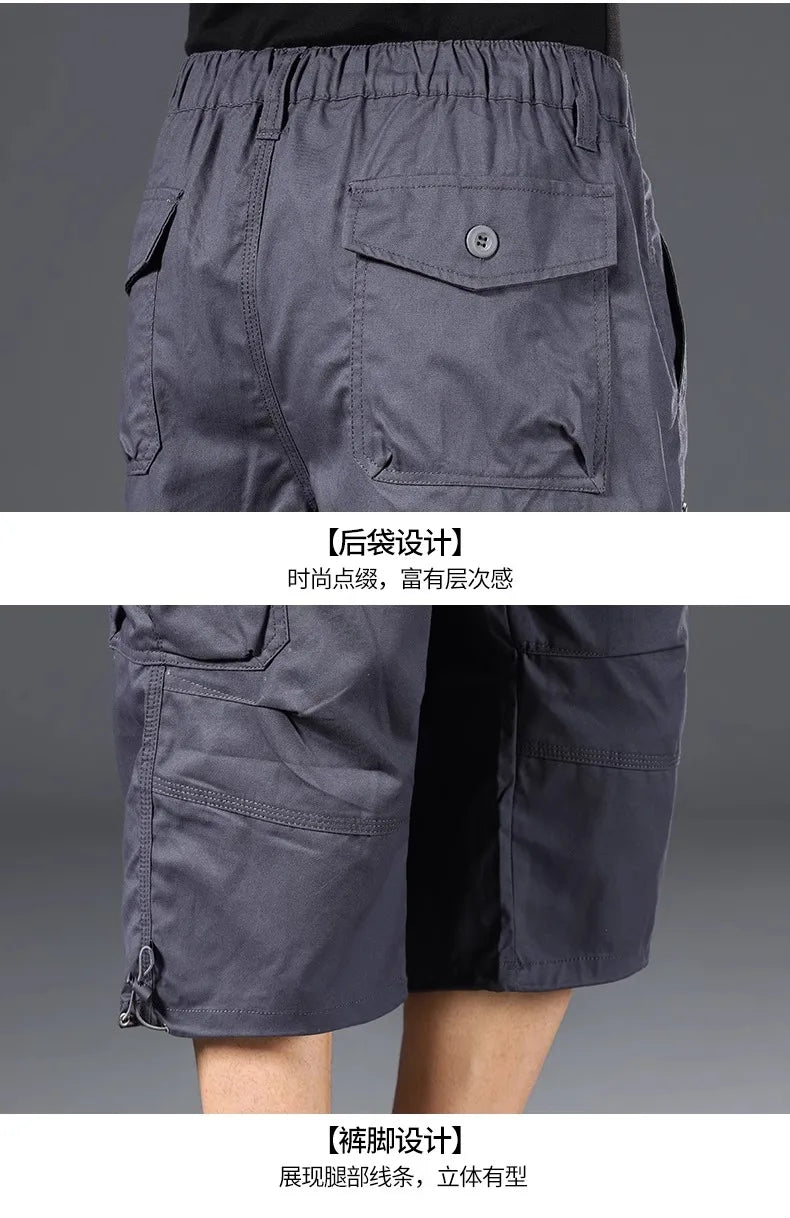 Summer Men's Cargo Shorts Loose Casual Below Knee Pants Elastic Waist Plus Size Outdoor Jogging Tactical Capri Pants