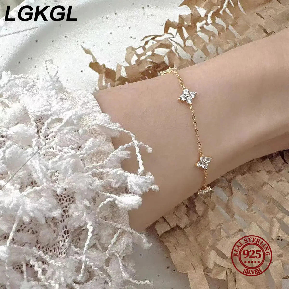 LGKGL 925 Sterling Silver Four-leaf Clover Zircon Starry 18K Gold Bracelets Women's Commuting Adjustable Chains Bracelet Jewelry