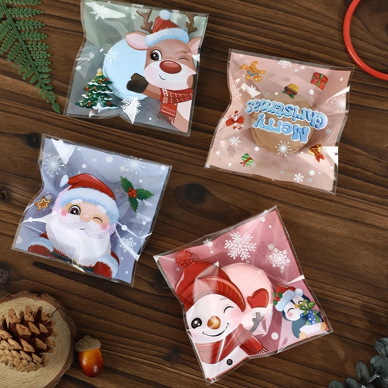 100pcs Christmas Candy Cookie Bags Self-Adhesive Gift Packaging Biscuit Snack Baking Bag Navidad Xmas Supplies New Year Party