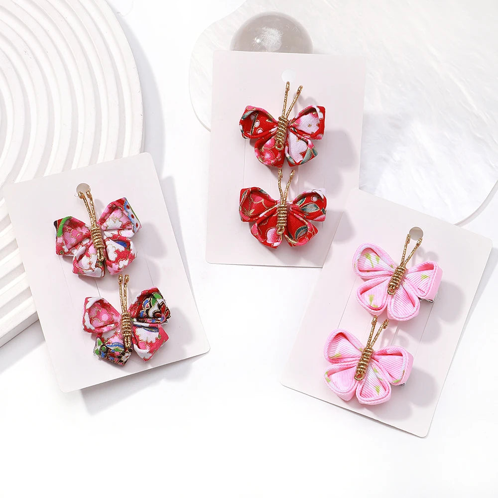 2pcs/set Butterfly Hair Clip Gradient Flocking Hairpins with Gold Cute Gauze Headwear Girls Children Hair Accessories Gift