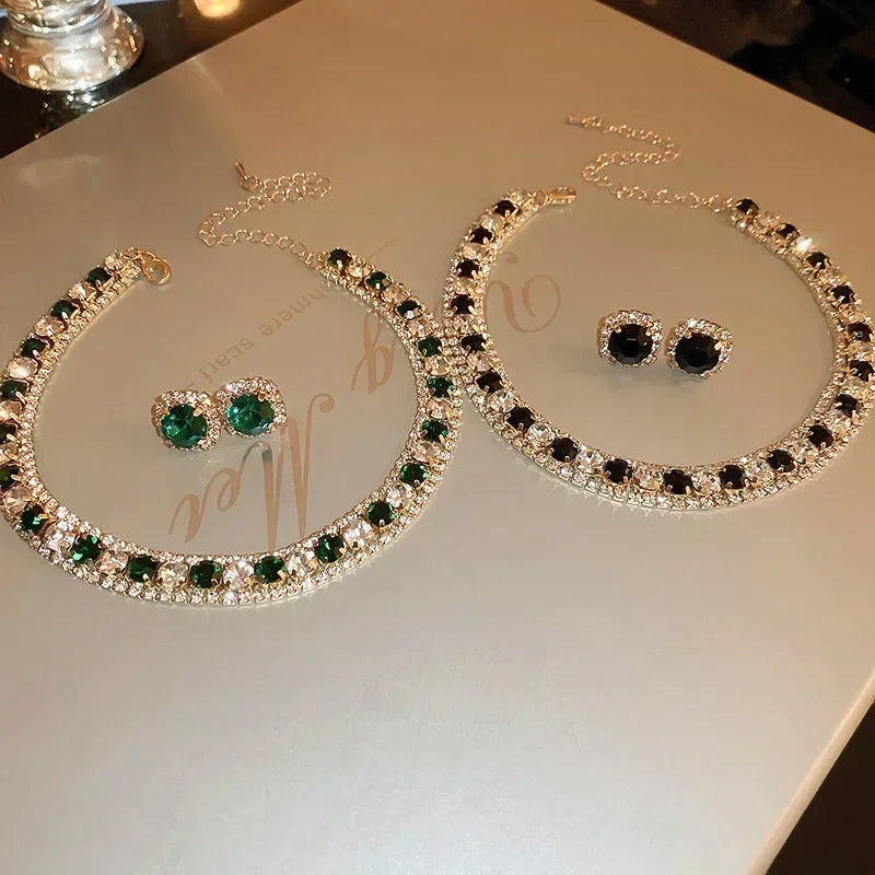 Luxury Crystal Necklace Earrings Set Champagne Green Blue Black Necklace for Women Weddings Party Jewelry Sets Accessories