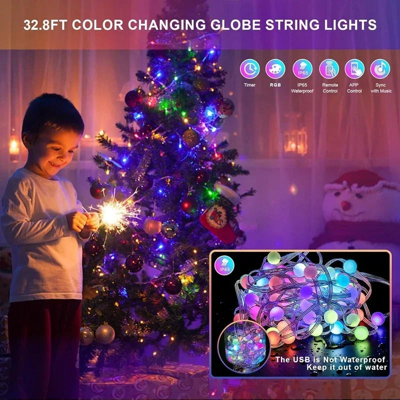 LED Lighting Strings Fairy Waterproof Bubble Ball Lamp Bluetooth APP Remote Control USB Music Controller Dream Color Christmas