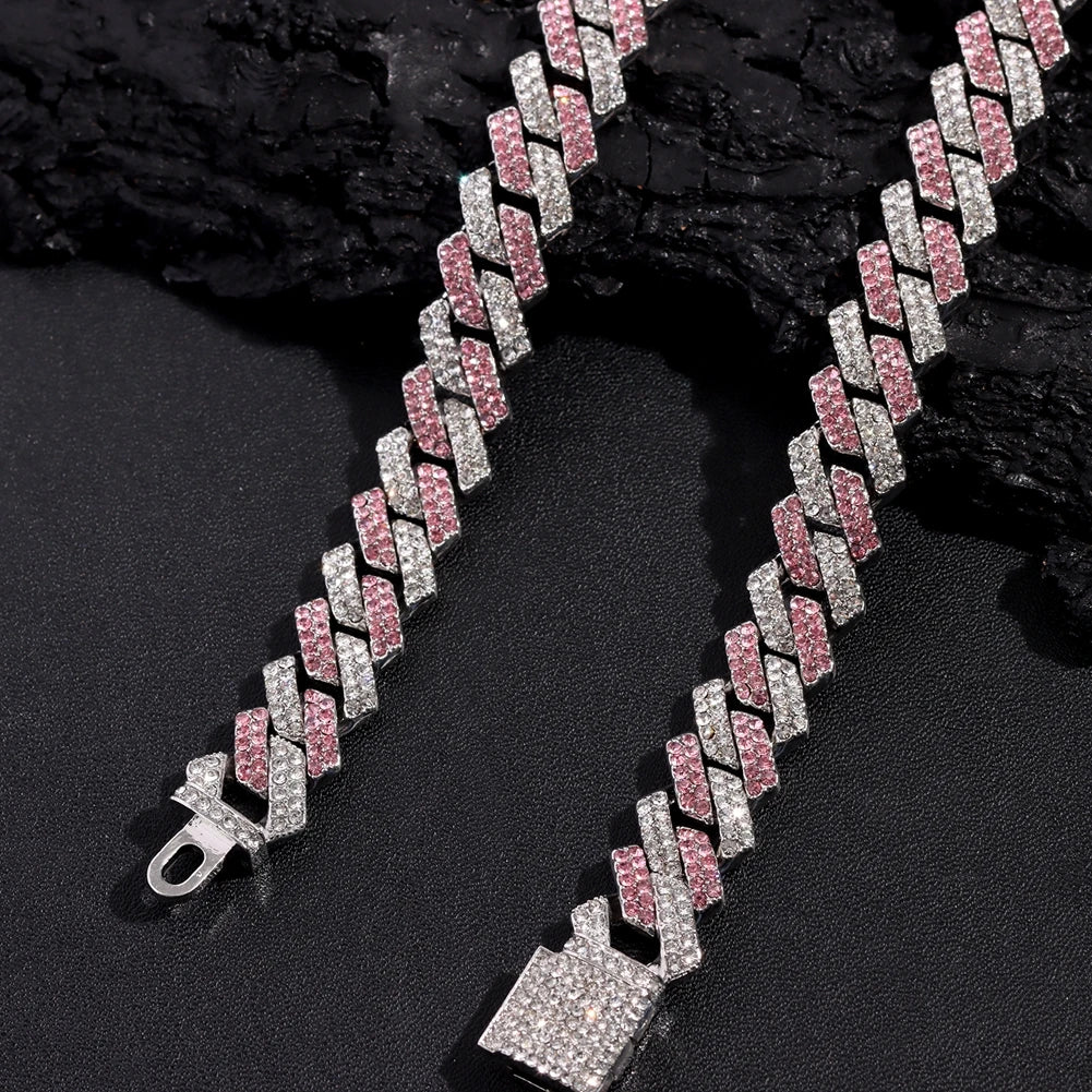 Trendy Pink Rhinestone Prong Cuban Link Chain Iced Out AAA 14MM Cuban Chain Necklace For Men Women Hiphop Jewelry Gift Wholesale