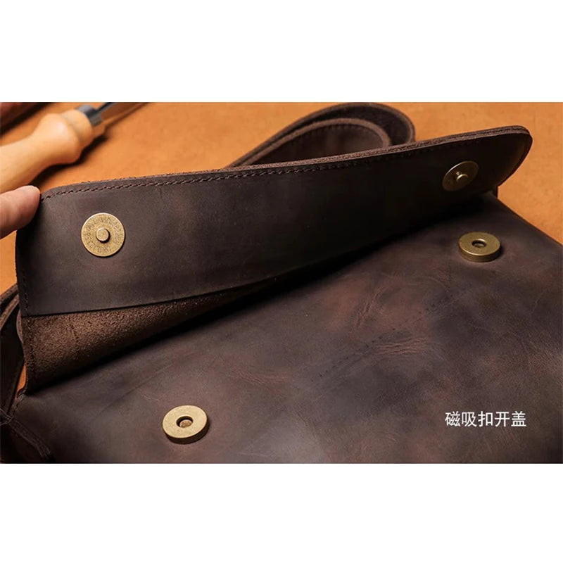 Men's Cowhide Bag Flap Fashion Shoulder Bag 7.9 inch ipad phone bag Vintage Leather Crossbody Bag Gift for Husband