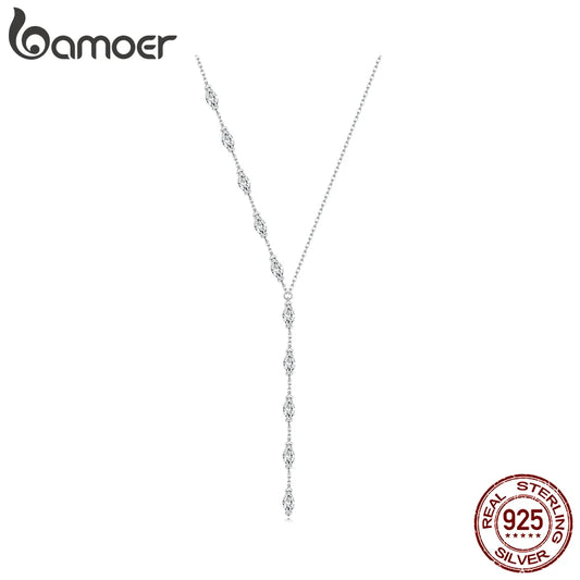 Bamoer 925 Sterling Silver Y-Shaped Pendant Necklace Shiny Waterdrop Long Chain Necklace for Women Engagement Wedding Gift