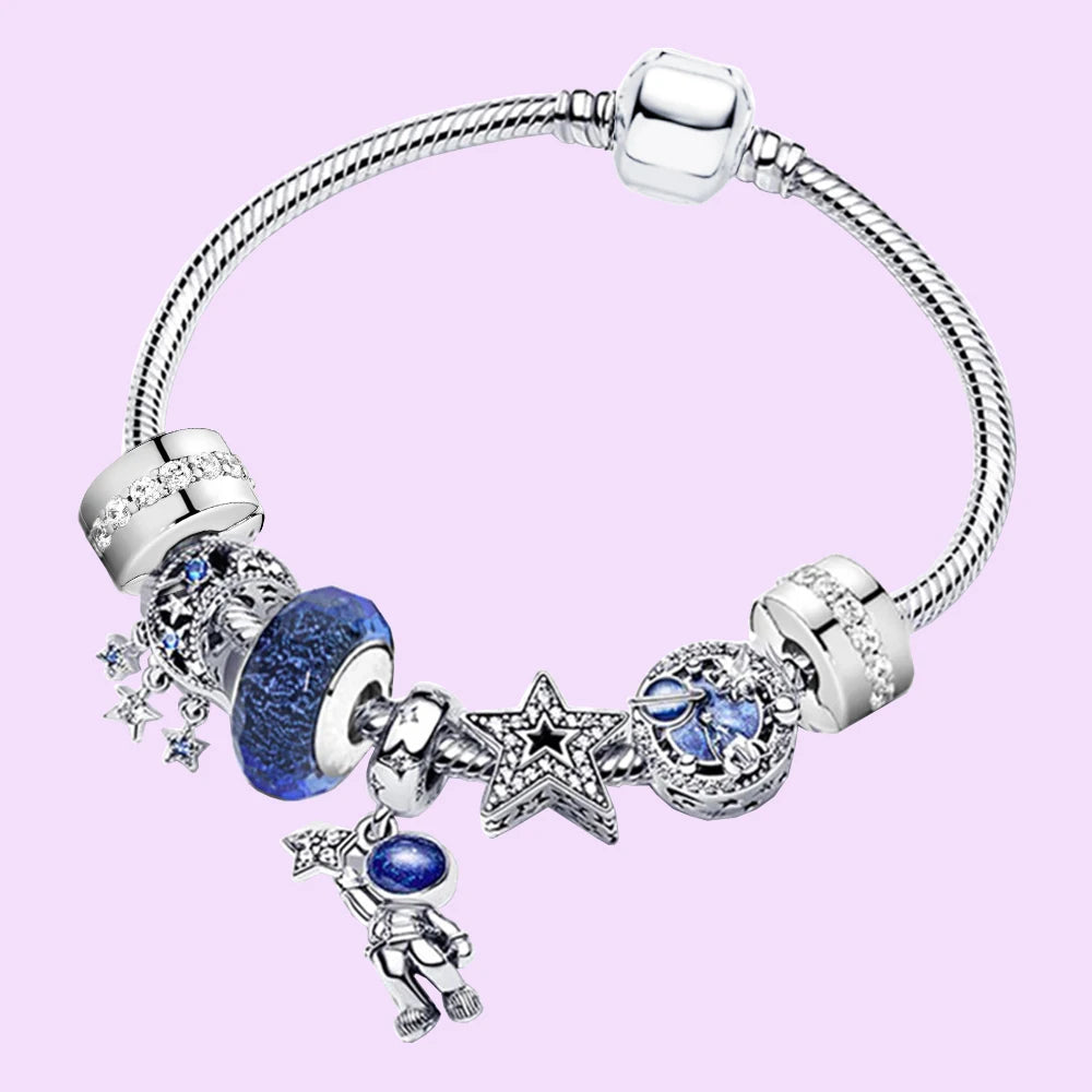 925 Sterling Silver Pandora Style Punk Blue Astronaut Catching Stars Glazed Pendant Bracelet Set With Cloth Bag for Women Gifts