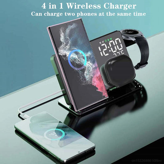 4 in 1 Wireless Charger For Samsung Galaxy Watch 6 5 Pro Fast Charging Station For Galaxy S24 S23 S22 Alarm Clock Chargers Stand