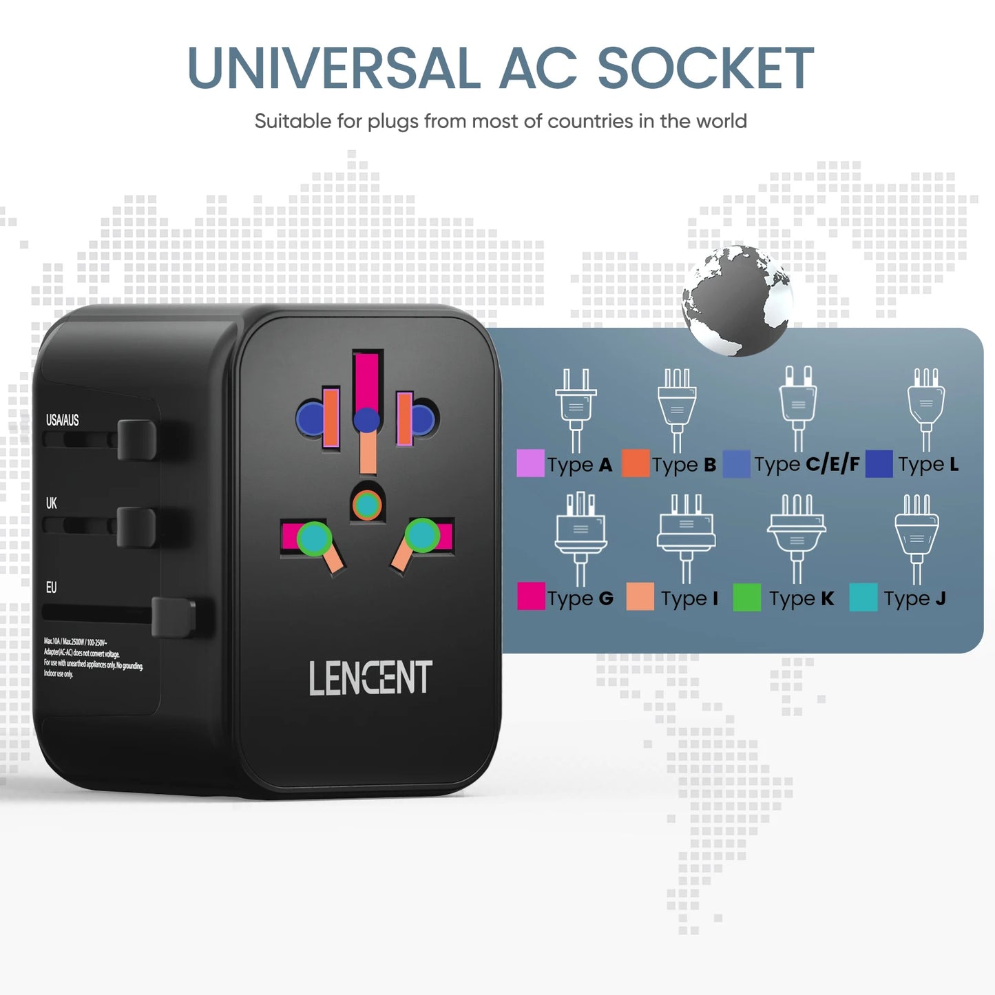 LENCENT 65W GaN 通用旅行适配器，带 2 个 USB 端口 3 型 C 快速充电电源适配器欧盟/英国/美国/澳大利亚插头，适合旅行