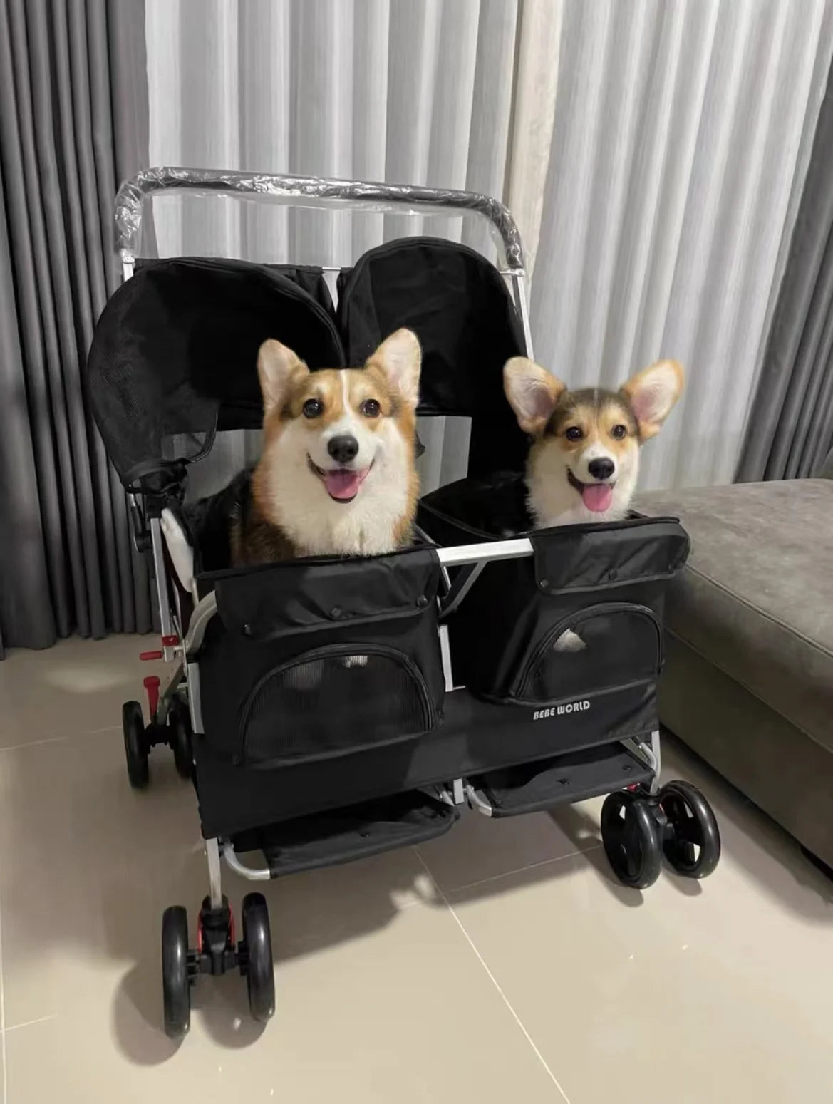 Two-seater pet cart,two-bedroom bed cart,ultra-light foldingdetachable and washable cat and dogwidened nursingout-going pet cart