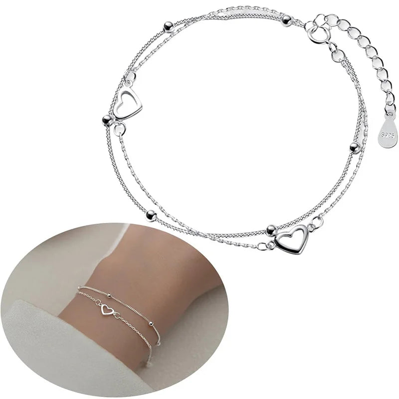 Round Bead Hollow Love Bracelet Heart Hand Decorated Double Design Sweet 925 Silver Plated Chain Bracelet for Women Girls Gifts