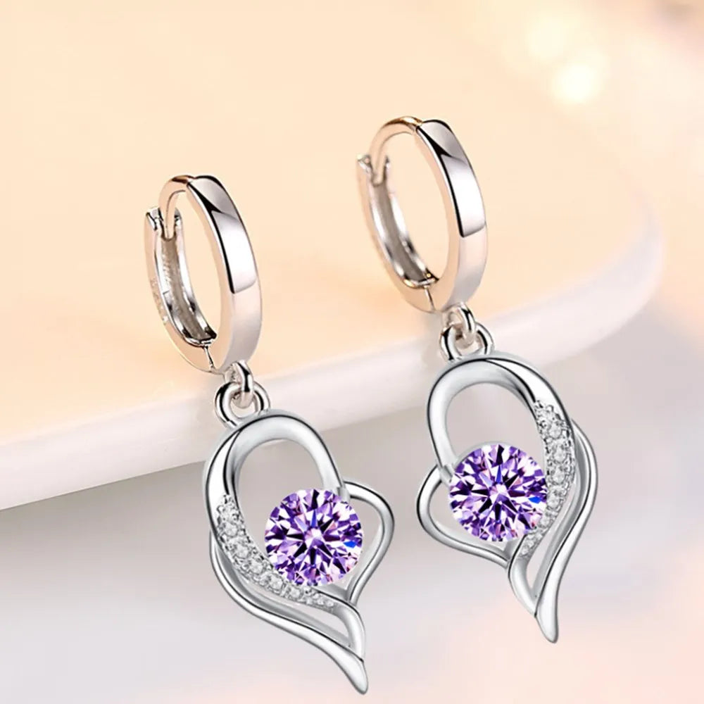 Bulbusbow 925 Sterling Silver Heart Drop Earrings with Blue, Pink, White & Purple Crystal Zircon and Sapphire