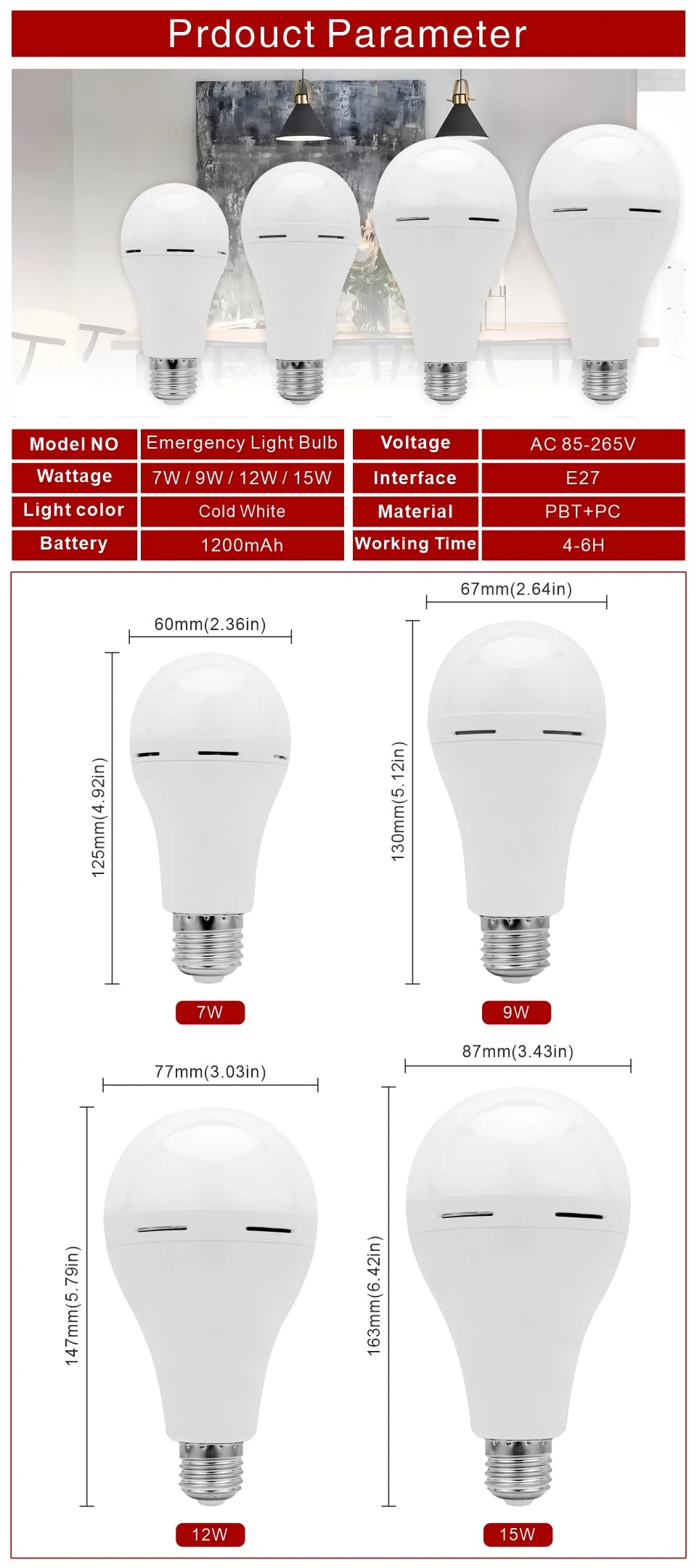 LED Rechargeable Light Bulb 7w 9w 12w 15w 1200mAh 85-265V Emergency Bulb for Home Power Failure Camping Tent Porch Garden Lamp