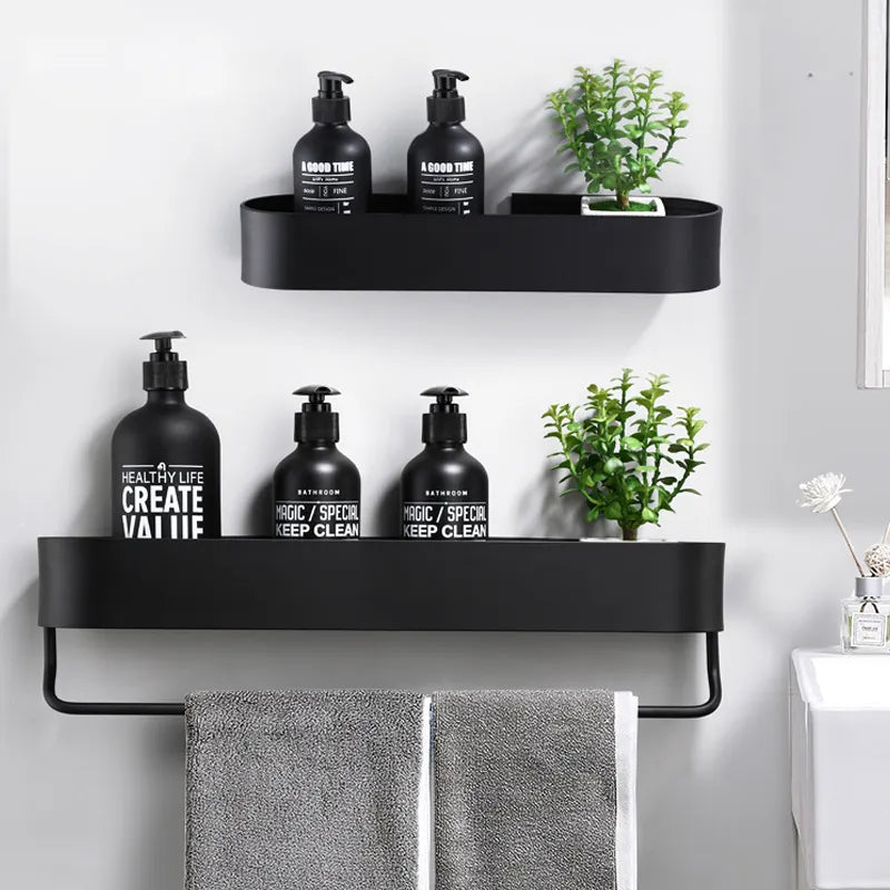 Nordic Bathroom Shelf Rack No Drill Wall Mounted Shelves Bath Towel Holder Black Shower Storage Basket Bathroom Accessories