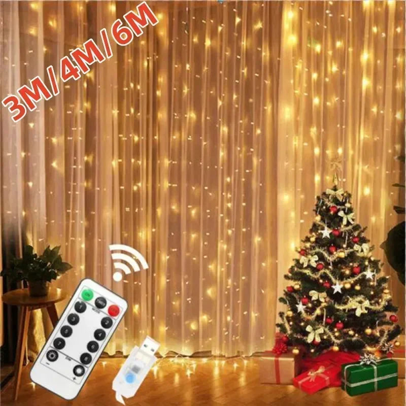 6x3M/3x3m Curtain Garland on The Window USB Power Fairy Lights Festoon with Remote New Year Garland Led Lights Christmas Decor