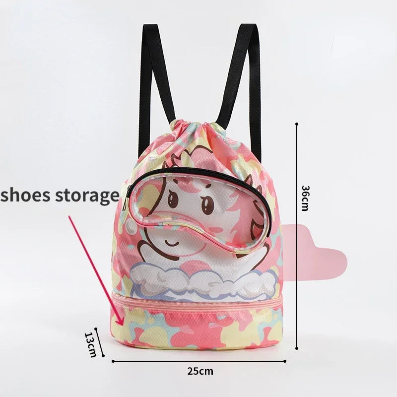 Childrens Cartoon Swimming Bag Waterproof for Kids Women Wet Dry Clothes with Shoes Goggles Storage Pouch Pool Sports Backpack