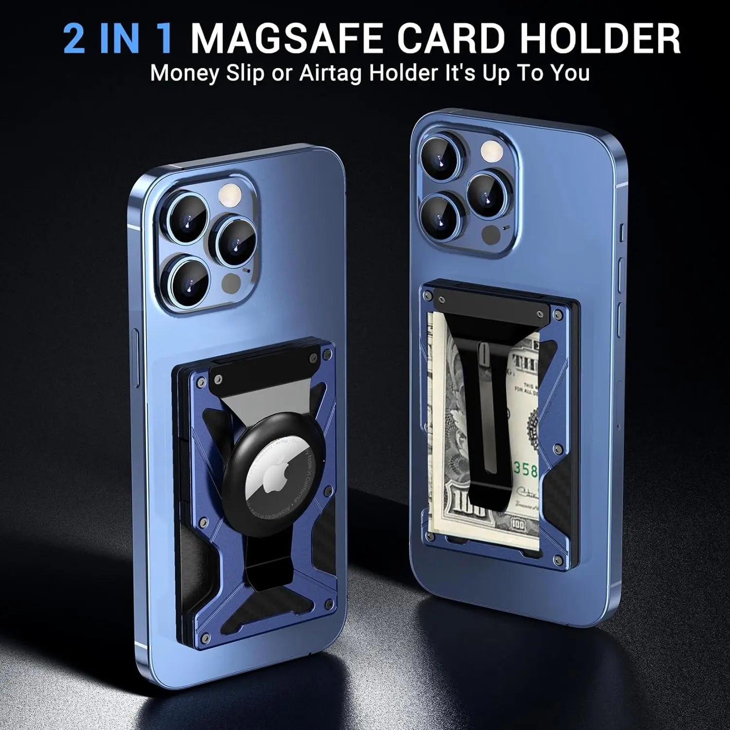 Mag Safe Wallet Money Clip, 2 in 1 Air Tag Holder and Money Clip, [With1 Magnetic Sheets], for Magnetic and Non-Magnetic Phones