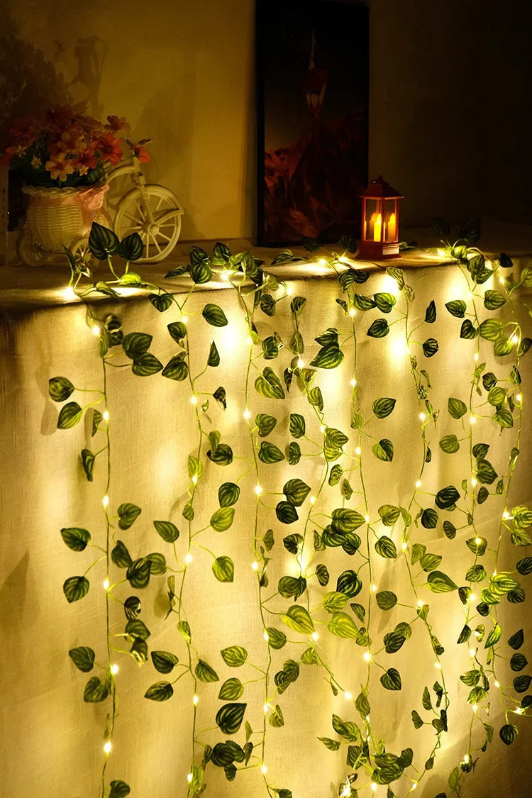 2Meter Green Leaf Ivy Vine with LED Lights String for Home Bedroom Decor Wedding Glowing Artifical Plant Garland Home Decor