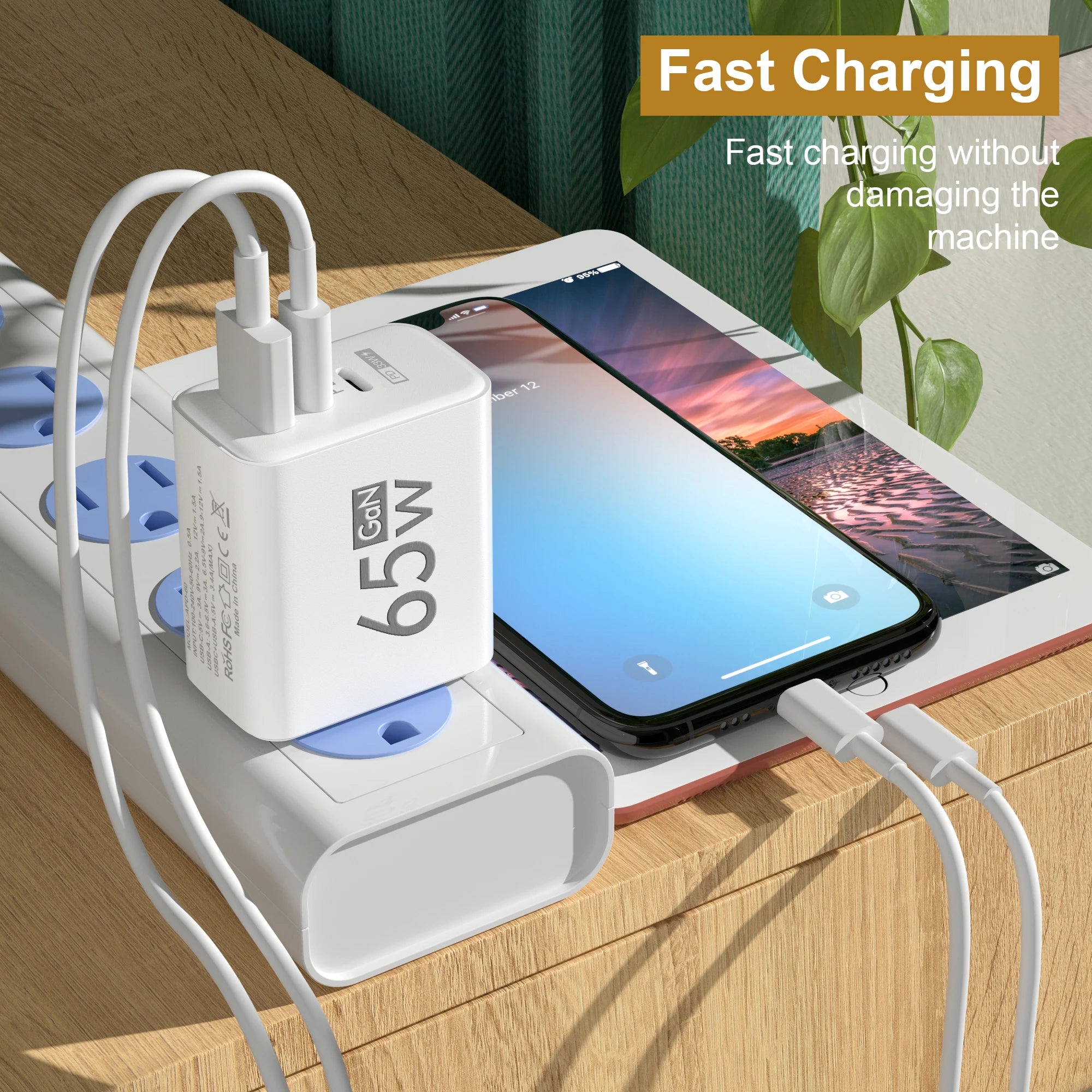 65W GaN USB C 充电器快速充电器 QC3.0 Type C PD 手机快速充电适配器适用于 iPhone 三星小米壁式充电器