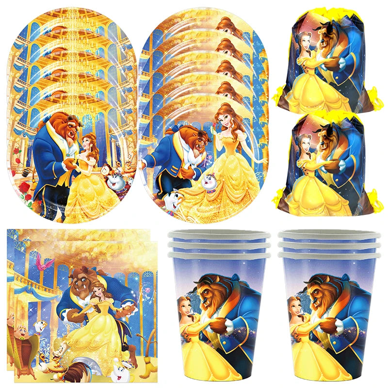 Disney Beauty And The Beast Birthday Party Decoration Kit Supplies Set Girl Tableware Paper Cups Plates Tablecloth Balloons Deco