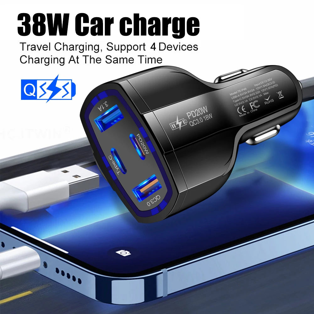 38W Mini Car Charger 4in1 Cell Phone Charger 2USB+2PD Fast Charging Cars Cigarette Lighter for IPhone Samsung Auto Fast Charging