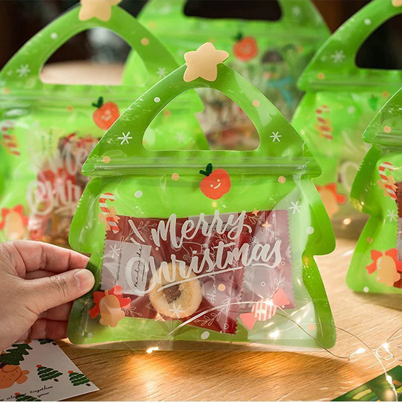 10Pcs Christmas Tree Handle Gift Bag For Candy Chocolate Cookie Nougat Biscuit Packing Gift Zipper Packaging Bags