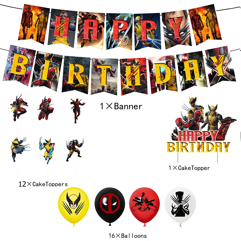 Deadpool And Wolverine Birthday Party Decoration Balloon Banner Backdrop Cake Topper Supplies Baby Shower