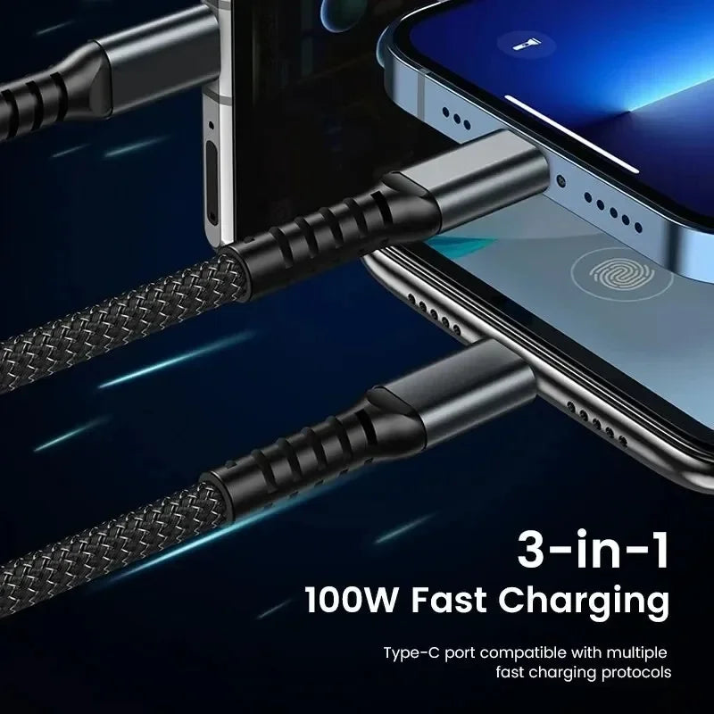 New Luminescent 100W Transparent Three In One Super Fast Charging Data Cable Suitable For Android, Huawei, And Honor Phone Data