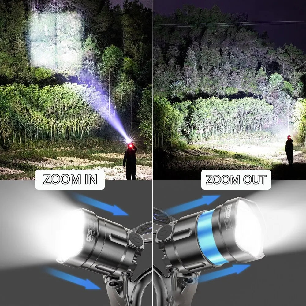 Super Bright LED Headlamp with XHP90 Lamp Beads Waterproof Headlight Power Display Suitable Exploration Hunting Fishing