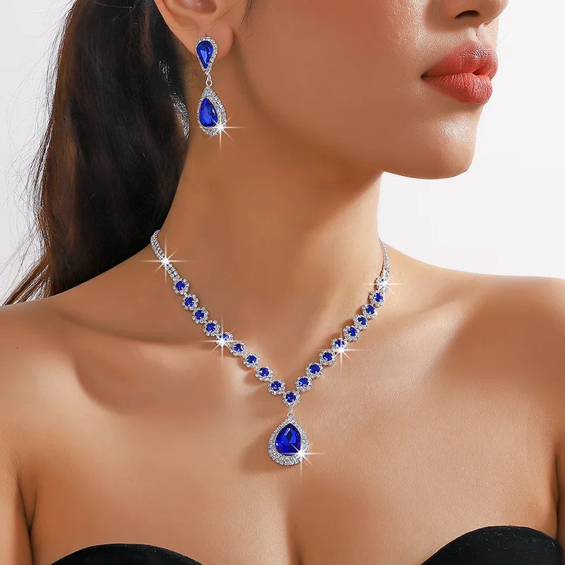 FYUAN Luxury Red Green Blue Crystal Necklace Earrings For Women Water Drop Pendant Wedding Bride Jewelry Sets