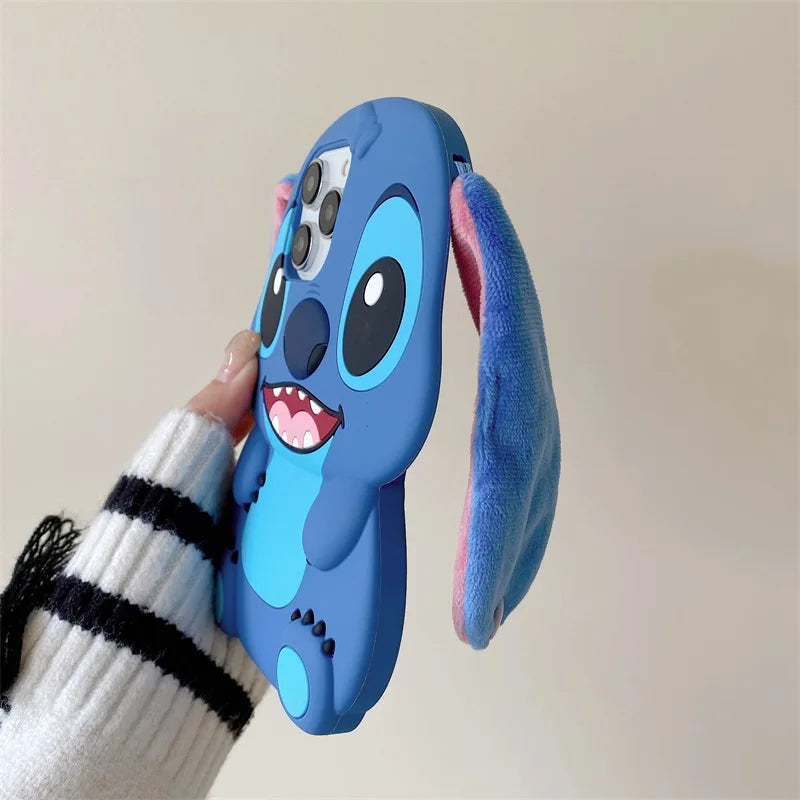 Bandai 3D Silicone Cartoon Phone Case Stitch For iPhone 14 13 12 11 15 Pro Max Fluffy Fur Plush Ear Stitch Cover Men Kids Gift