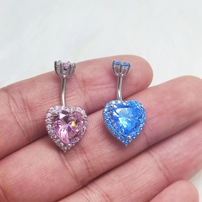 Bulbusbow 925 Sterling Silver Heart Belly Button Rings for Women – Blue and Pink CZ Navel Barbell Studs with Secure Screw Navel Bars Body Piercing Jewelry