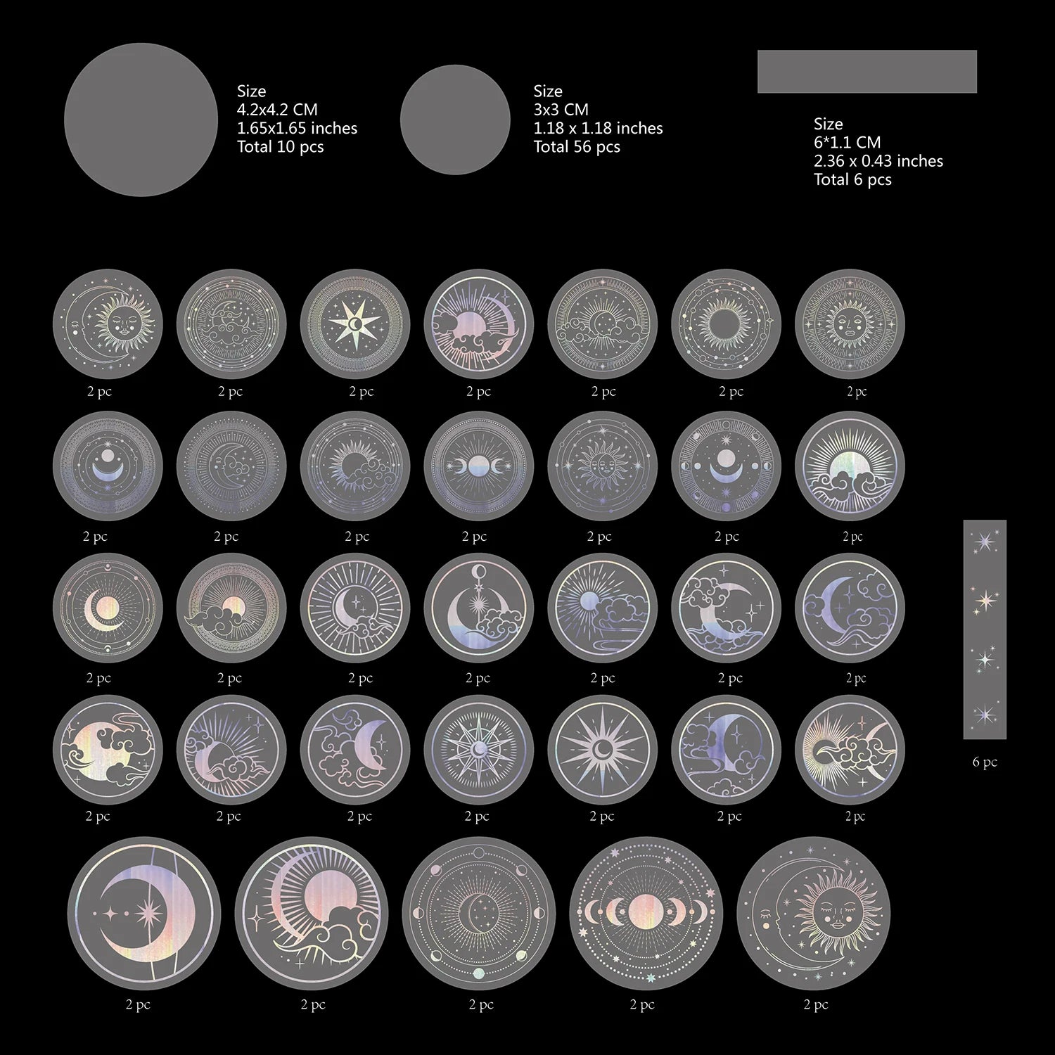 70 张 PET 不干胶贴纸防水透明激光银色贴纸标签：太阳、月亮、星星等